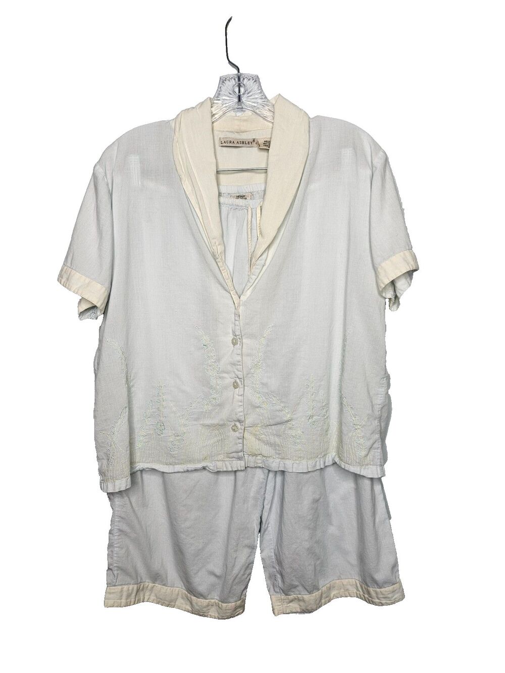 Vtg 90s LAURA ASHLEY Pajama Set Medium Cotton Button Up Top Capri Bottoms Shorts